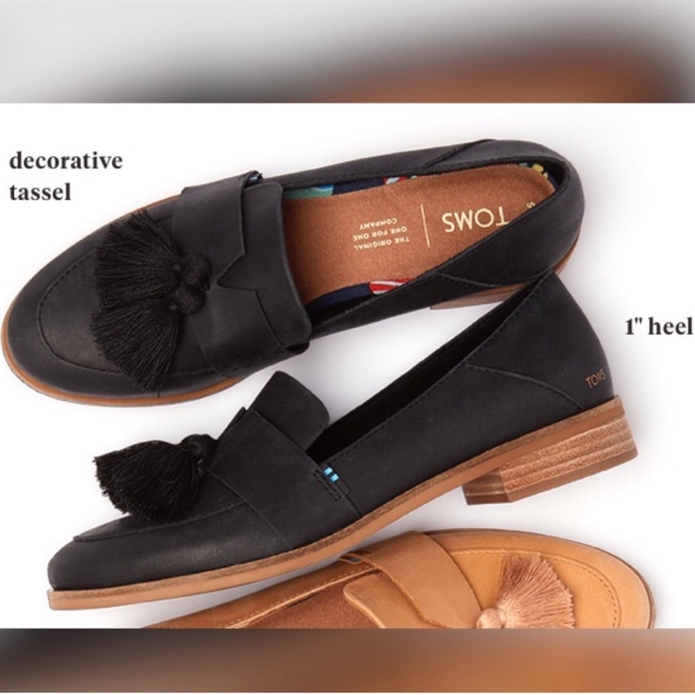 Toms Black Leather Tassel Loafers with Tan Sole
